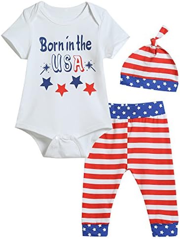 3PCS Baby Boys' Born in The USA Star Short Sleeve Romper American Flag Pants and Hat Newborn Infant Set (0-3 Months)