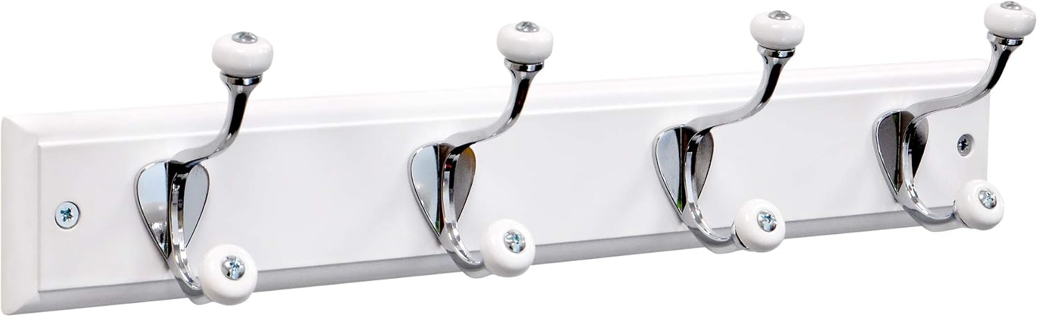 keypak 4-Hook Wall-Mounted Coat Rack, 45cm, White Board, Ceramic Tip Coat Hooks, Fixings Included