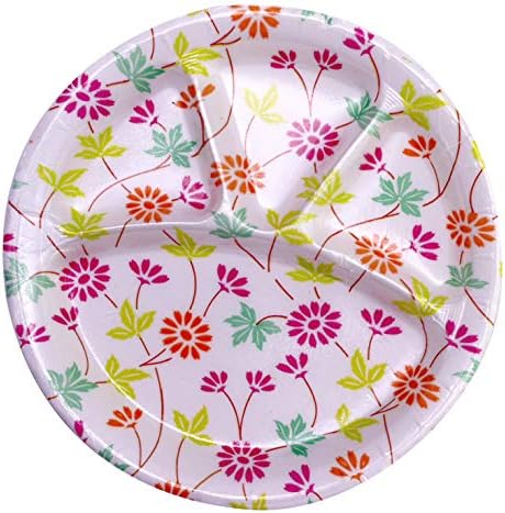 Ophion Beautiful Printed Polystyrene Foam Disposable Plates with Compartment - 12 inch Perfect for Parties Buffet BBQs and More Pack of 25