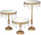 Antique Gold Beaded Mirror-Top Round Cake Stands Set of 3