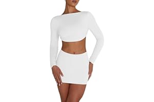 LuFeng Women's Sexy 2 Piece Skirt Sets Long Sleeve Backless Tie Back Crop Top and Bodycon Mini Skirt Outfits