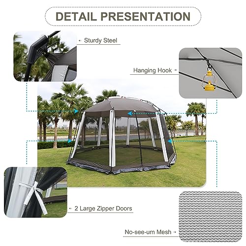HYPER VENTURE Screen House 13x13 Feet Octagonal Mesh Canopy Camping Gazebo Shelter Tent for 8-10 People Outdoor Party Activities, Grey …