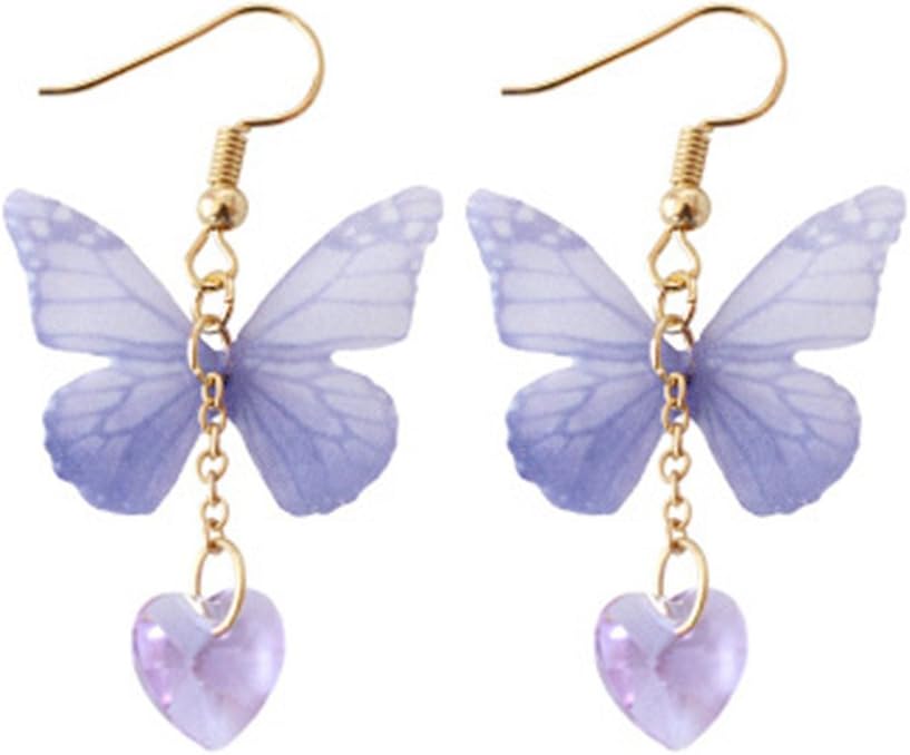 MSYOU Alloy Earrings Creative Butterfly Shape Pendant Glass Heart-shaped Pendant Earrings Female Models Jewelry Thanksgiving Graduation (Purple)