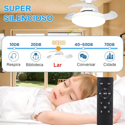 Ventilador de Teto com Controle Remoto Pás Retráteis E27 LED 18W 3 Cores 4 Velocidades Motor Brushless 85-265V