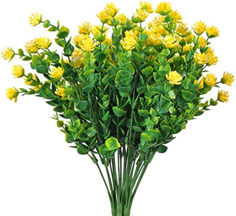 Vkbake Artificial Greenery Bouquet Plants, 4 Bundles Fake Shrubs With The Flower In Purple White Yellow, Decorate Wedding Garden Patio Yard Restaurant Office (Yellow)