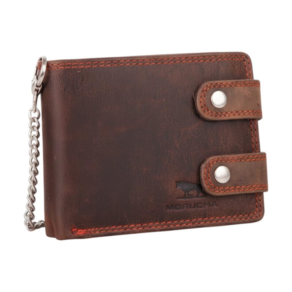 Morucha Men’s RFID Blocking Biker Chain Wallet – Genuine Distressed Hunter Leather with Removable 45cm Metal Safety Chain, Coin & Cash Compartments, ID & Card Slots M100 (Dark Brown)
