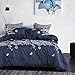 Wake In Cloud - Floral Comforter Set, Botanical Elegant Flower Tree Leaf Modern Pattern Printed for Men Women, Soft Lightweight Bedding, 3 Pieces, Navy Blue Gray, Queen Size