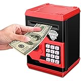 Zonkin Cartoon Electronic ATM Password Piggy Bank Cash Coin Can Auto Scroll Paper Money Saving Box Gift for Kids (Black red)