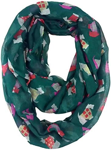 Nexxgen Fashion Designer Infinity Loop Scarf for Women- 30 Variations, Animal Print, American Flag, Red Black Blue Pink White etc. (Scottie- Pine Green)