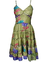 Emelda Womens Beach Dress Spaghetti Strap Recycled Sari Vintage Printed Summer Holiday Sundress S/M