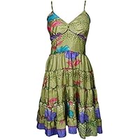 Mogul Interior Emelda Womens Beach Dress Spaghetti Strap Recycled Sari Vintage Printed Summer Holiday Sundress S/M