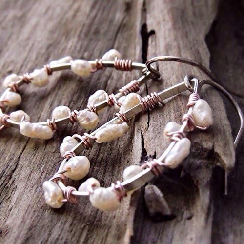 1 Inch Handmade Dainty Rose Gold Tone Wire Wrapped Baroque Ivory Cultured Freshwater Pearl Small Silver Tone Teardrop Hoop Earrings Rustic Bridesmaid Jewelry for Teenager