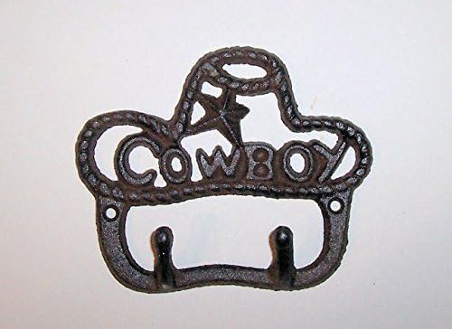 "ABC Products" - Heavy Cast Iron Cowboy Hat - 2 Hook - Hat Is Shape Is Rope - With The Word "COWBOY" in The Middle - Wall Hung - (Old Rustic Color Finish - Use Indoor Or Outdoor)