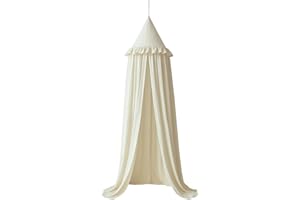 Wonder Space Kids Bed Canopy with Ruffles, Pastel Neutral Color for Boys & Girls, Frilled Cotton Tent Nursery Room Baby Crib Hanging Curtain Mosquito Netting Children Reading Nook Decoration (Ivory)