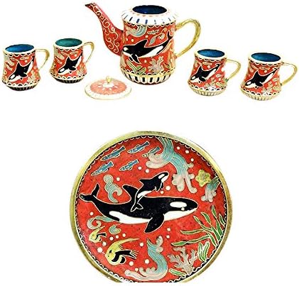 Jade Market Hong Kong Decorative Cloisonne Killer Whale Chinese Tea Set Red
