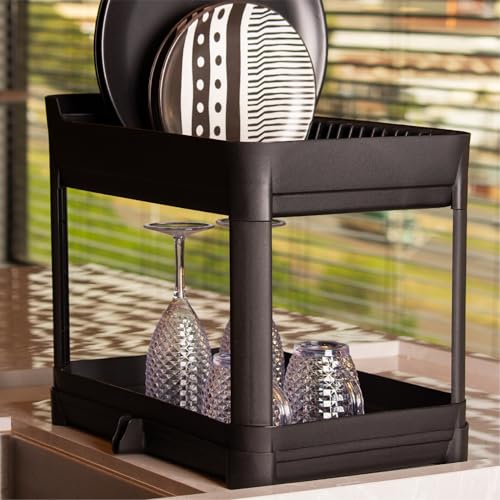 Escorredor de Pratos Duplo Fly Paramount com Bandeja – Organizador de Cozinha, Maior Capacidade, Fácil de Limpar, Resistente, Compacto e Prático para Pia e Bancada (Preto)
