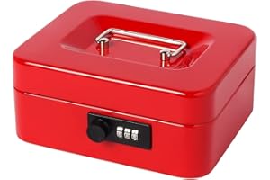 Small Cash Box with Combination Lock, Metal Money Box for Cash, Lovndi Lock Box with Money Tray, 7.87 x 6.3 x 3.54 Inches, Red