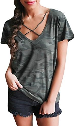 WorkTd Womens Lace Up Camouflage Shirts V Neck Cross Front Tops Blouse Camo 2XL
