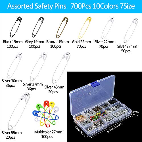 image for Pllieay 700 Pieces 7 Sizes Safety Pins Assorted Durable, Large Safety 