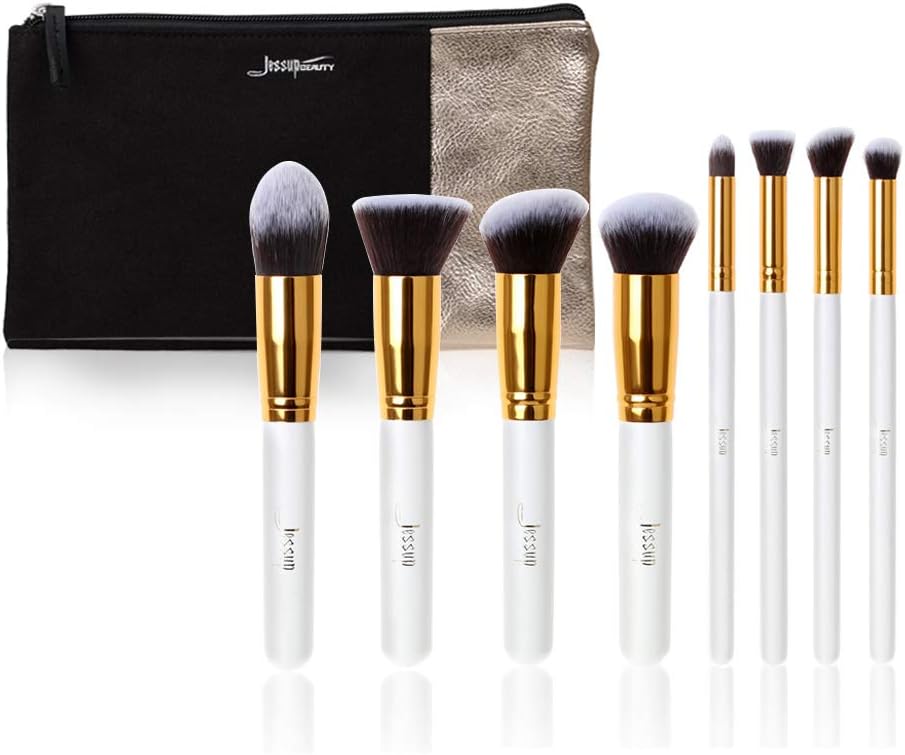 Jessup Professional Cosmetics Premium brushes set 8pcs White/Gold make up brushes with bag Powder Foundation Eyeshadow Blending Lip Brushes tools kit