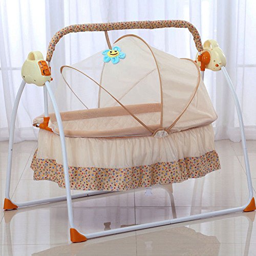 KANING Electric Big Auto-Swing Bed Baby Cradle Space Safe Crib Infant Rocker Cot + Mat Electric Baby Portable Bassinet Cradle, Rocking Sleeping Playing Basket Bed with Music(Khaki)
