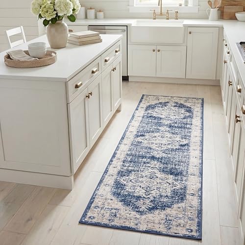 SAFAVIEH Brentwood Collection Runner Rug - 2' x 6', Ivory & Navy, Medallion Dis…