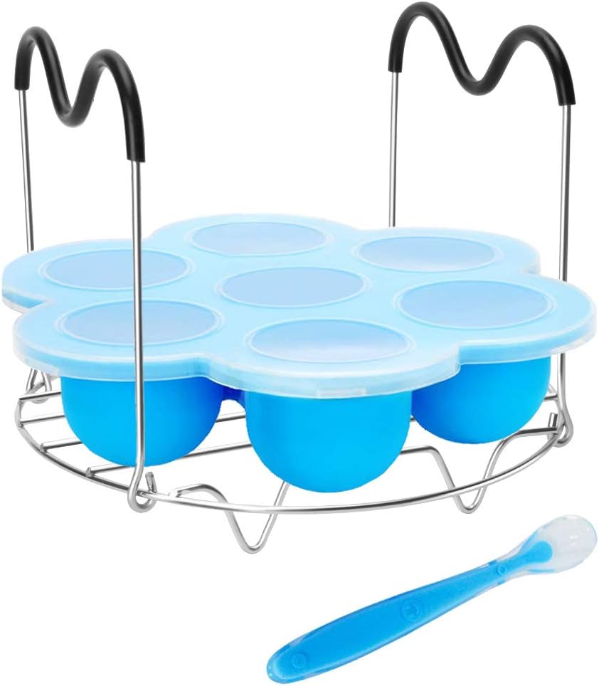 Pressure Cooker Accessories with Silicone Egg Bites Mold and Steamer Rack Trivet with Heat Resistant Handles Compatible with Instant Pot Accessories 6 Qt 8 Quart, 2 Pcs with 1 Bonus Spoon (Blue)