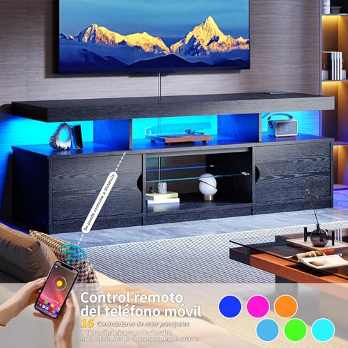 Simple Wisdom Mueble para TV de 75 Pulgadas, Moderno Mueble para TV con tomacorriente, Centro de Interior de Alto Brillo con Almacenamiento y Luces LED, Negro