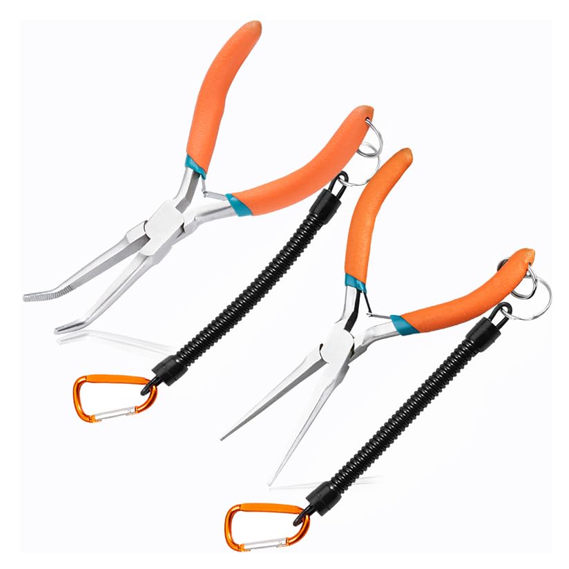 LEONTOOL 2 PCS Mini Needle Nose Pliers Set - Bent and Straight for Jewelry Making, Wire Bending, Small Object Gripping - Yellow Green, 6'' With Lanyard