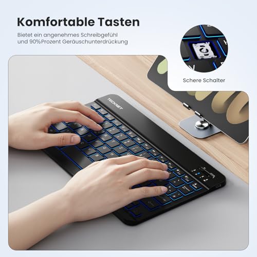 TECKNET German Bluetooth Keyboard for Tablet/iPad Mini/Pro/Air/10.2/10.9/iPhone/Android/Windows, iPad Keyboard with Lighting, Rechargeable, Portable, Wireless, Ultra Thin, Black