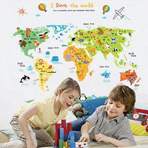 Wall World Map Vinyl Decal Colorful Map Art with Animals Kids Learning Nursery Home Decor Mural Large Size 43" x 35"