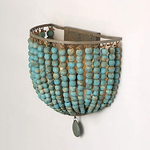 Newrays Wooden Beads Wall Lamp Sconces with Grey Blue Finish Boho Vintage Retro Hardwired for Bedroom Accessories | Antique Retro Hardwired for Bedroom Accessories