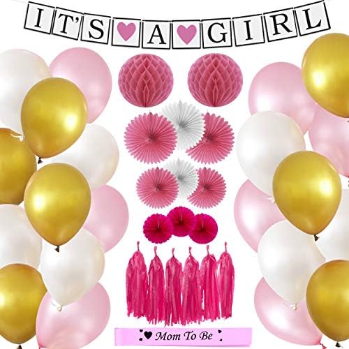 GotDecor Girl Baby Shower Decoration 40 Pieces Set | Pink Gold White Party Supplies with Paper Fan, Honeycomb Ball, Tassels, Balloons | Mom-to-Be Sash & Its a Girl Banner