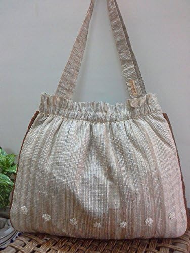 Panigha India Handmade Tote Bag made of Linen/Silk blended textured fabric in Natural color decorated with handmade crochet flowers and lace around the edge.