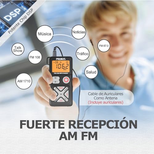 PRUNUS J-988 FM/Am Digital Radio with Manual Preset, Small Portable Radio with Headphone/TF Card Slot, USB-C Charging, Pocket Radios with Back Clip for Walking, Traveling