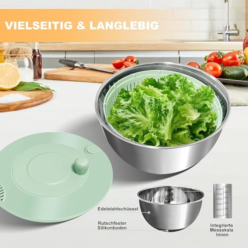 Souvik Stainless Steel Salad Centrifuge, 5L Lettuce Centrifuge with Drain, Vegetable Fruit Washing Machine Manual Dryer with Lid for Vegetables, Lettuce, Fruit