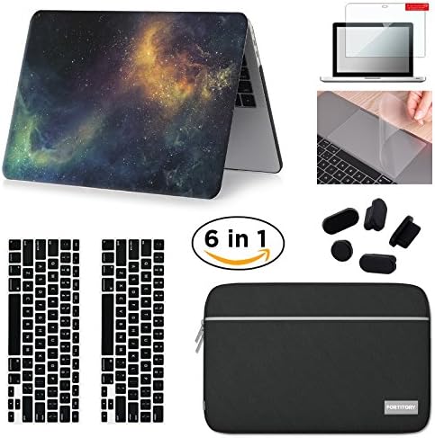 Fortitory MacBook Pro 13"(2016-2018 Version) A1706/A1708 Plastic Hardshell Case &amp; Water-resistant Sleeve 6 in 1 Bundle with Screen Protector,Keyboard Skin,Trackpad Protector &amp; Dust Plug - Galaxy 1