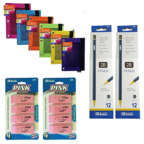 Pencil and Accessories Bundle with 10 Items: 2 Boxes Bazic 2B Pencils, 2 Packages Bazic Pink Erasers and 6 Bazic Zipper Pouches
