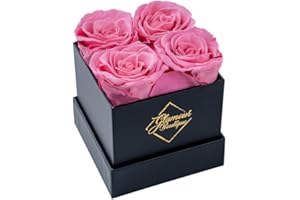 GLAMOUR BOUTIQUE Preserved Roses in a Box - Valentines Day Gifts for Her & Mom, 4 Roses Flowers Decor for Birthday Gift, Cased in A Square Gift Box with Lid, 4” x4” x5 - Pink