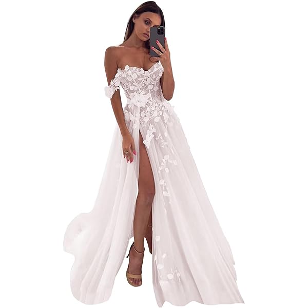 LIPOSA Women's Off the Shoulder Wedding Dresses High Slit A Line Flower  Appliqued Tulle Wedding Party Outfits US0 at Amazon Women's Clothing store