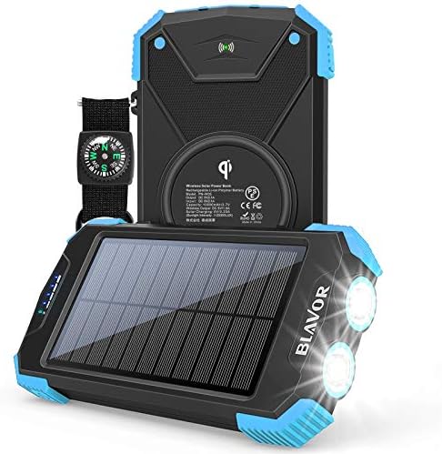 Solar Charger Power Bank, Qi Wireless Charger 10,000mAh External Battery Pack Type C Input Port Dual Flashlight, Compass, Solar Panel Charging (Light Blue)