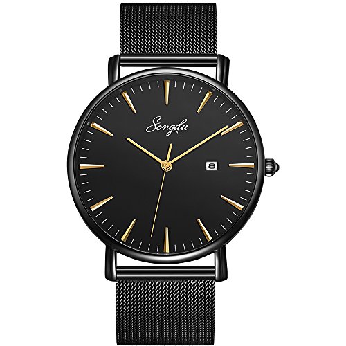 SONGDU Men's Fashion Date Slim Analog Quartz Watches with Stainless Steel Mesh Band (Gold and Black)