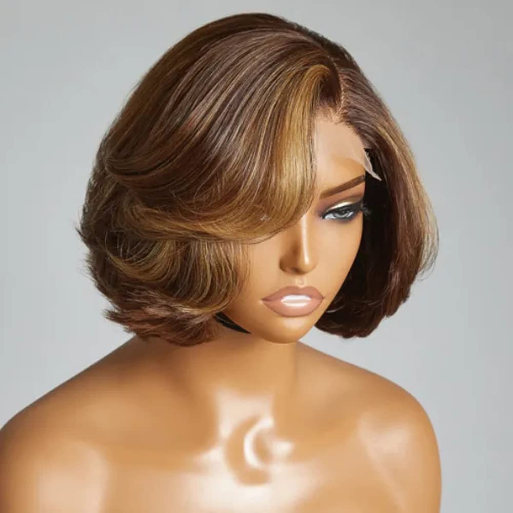 Photo 1 of Phloxyn Short Bob Wavy Wigs Human Hair, 13x4 Lace Front Brown Blonde Balayage, Glueless Lightweight Voluminous (8 Inch,Highlight 4/27 13X4 lace)