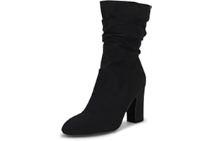 Coutgo Women's Mid Calf Slouchy Boots Suede High Heel Zip Stacked Chunky Block Round Toe Booties
