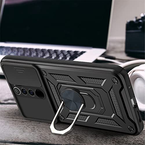 PANXIYUE Xiaomi Redmi 9 Case, Sliding Window Armoured Shockproof Dual Layer Hard PC and TPU Silicone with 360° Magnet Ring Stand Case Cover for Xiaomi Redmi 9, Black