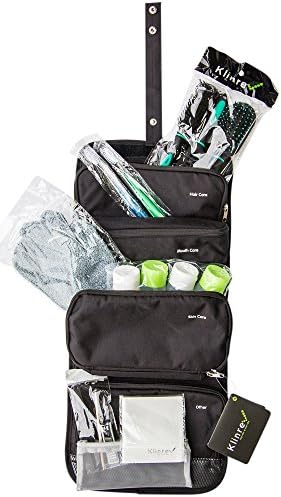 Travel Toiletry Bag Filled with Hairbrush, 2 Toothbrushes, Exfoliating Bath Sponge, Shower cap, 4 travel size bottles, Nail care kit. Complete Personal Care Kit (BLACK)