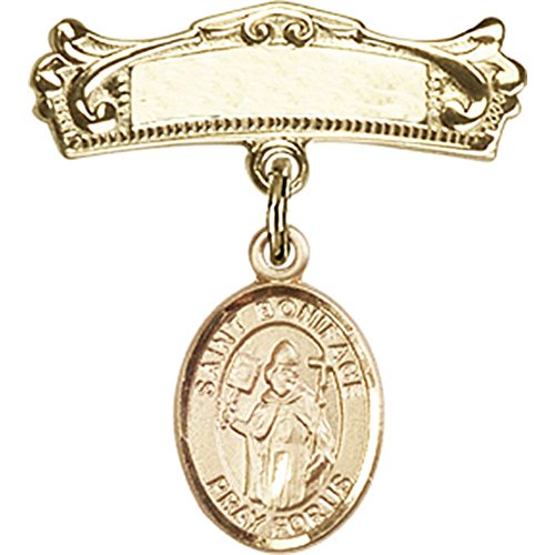 Gold Filled Baby Badge with St. Boniface Charm and Arched Polished Badge Pin 7/8 X 3/4 inches