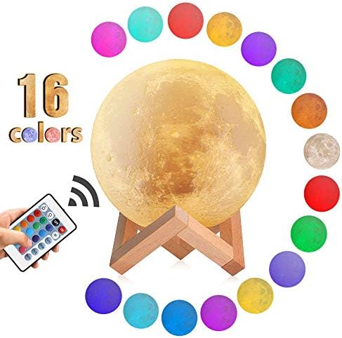 ATOOZ 3D Moon Lamp Moon Night Light(7.1 inch) Dimmable, Rechargeable,with Wooden Stand,Remote/Touch Control for Baby Friends Kids Bedroom, Birthday Gifts (16color,7.1inch)