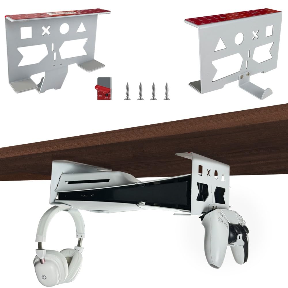 Photo 1 of Chanvoo Aluminum Under Desk Mount for PS5/PS5 Slim/ PS5 Pro Digital & Disc, Securing Under Desk Bracket with Detachable Controller & Headphone Holder Kit No Drill (White)