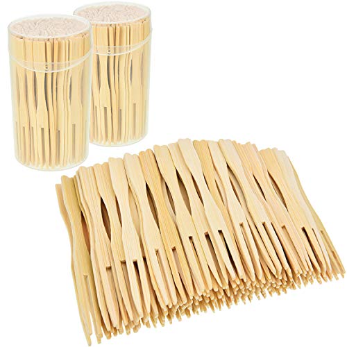 Jovitec 2 Pack 220 Pieces Total Bamboo Forks Mini Food Picks Double Prong Cocktail Forks Blunt-end Forks For Banquet Catering Party, 3.5 Inches